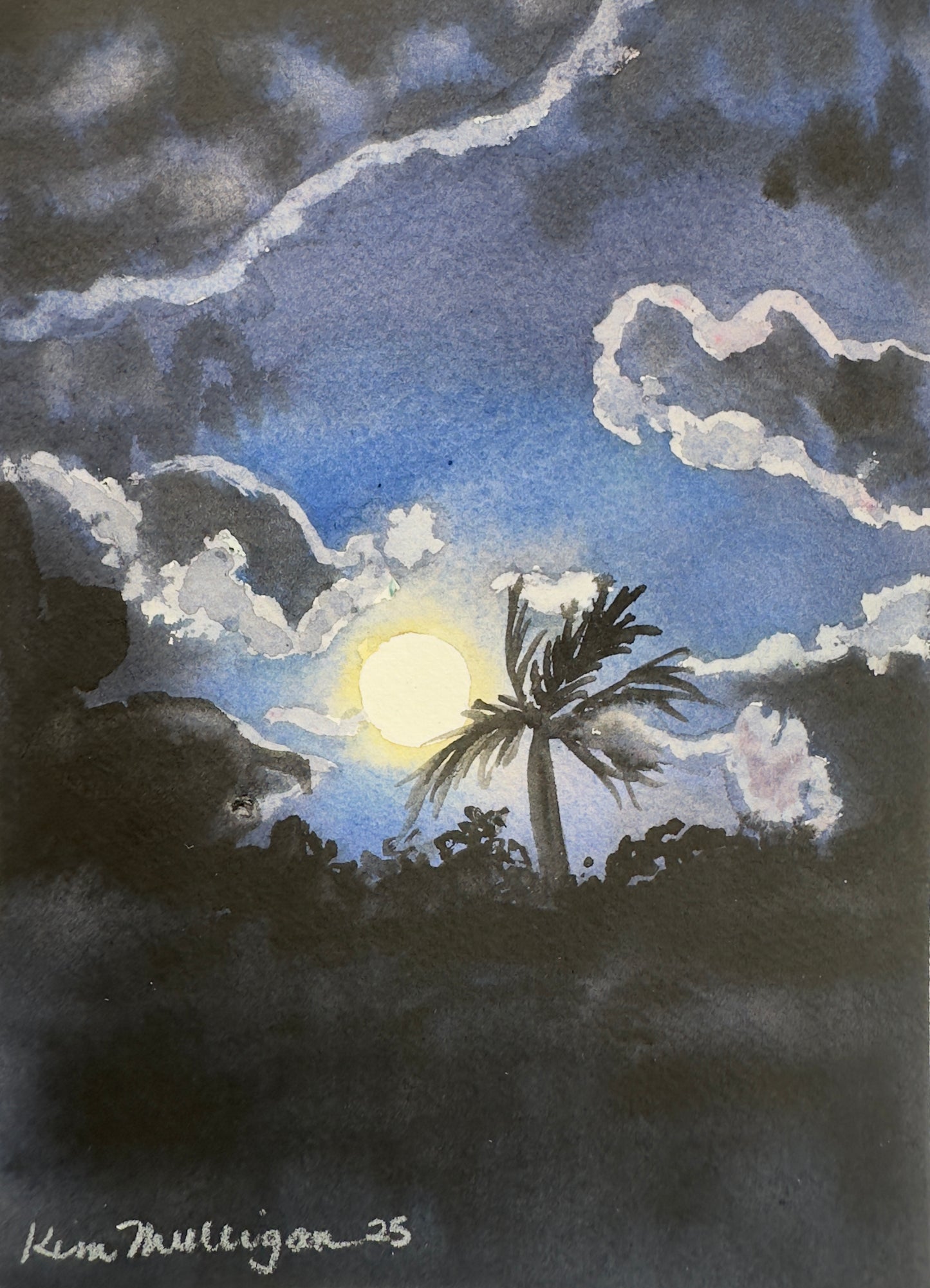 Print of Night Sky with Moon and Palm Trees
