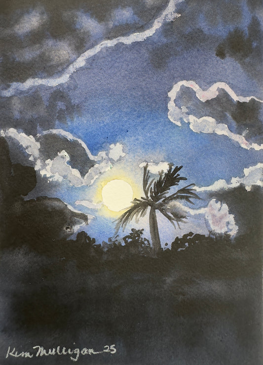 Print of Night Sky with Moon and Palm Trees