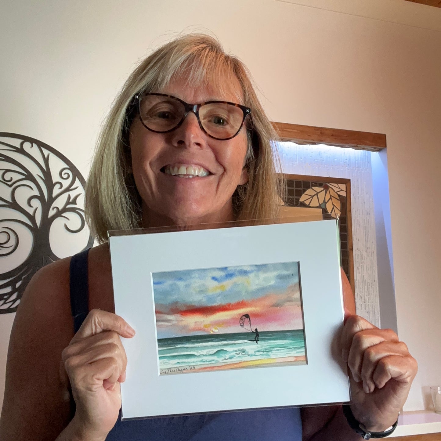 Sunrise Seascape with Kite Surfer Original Watercolor Painting