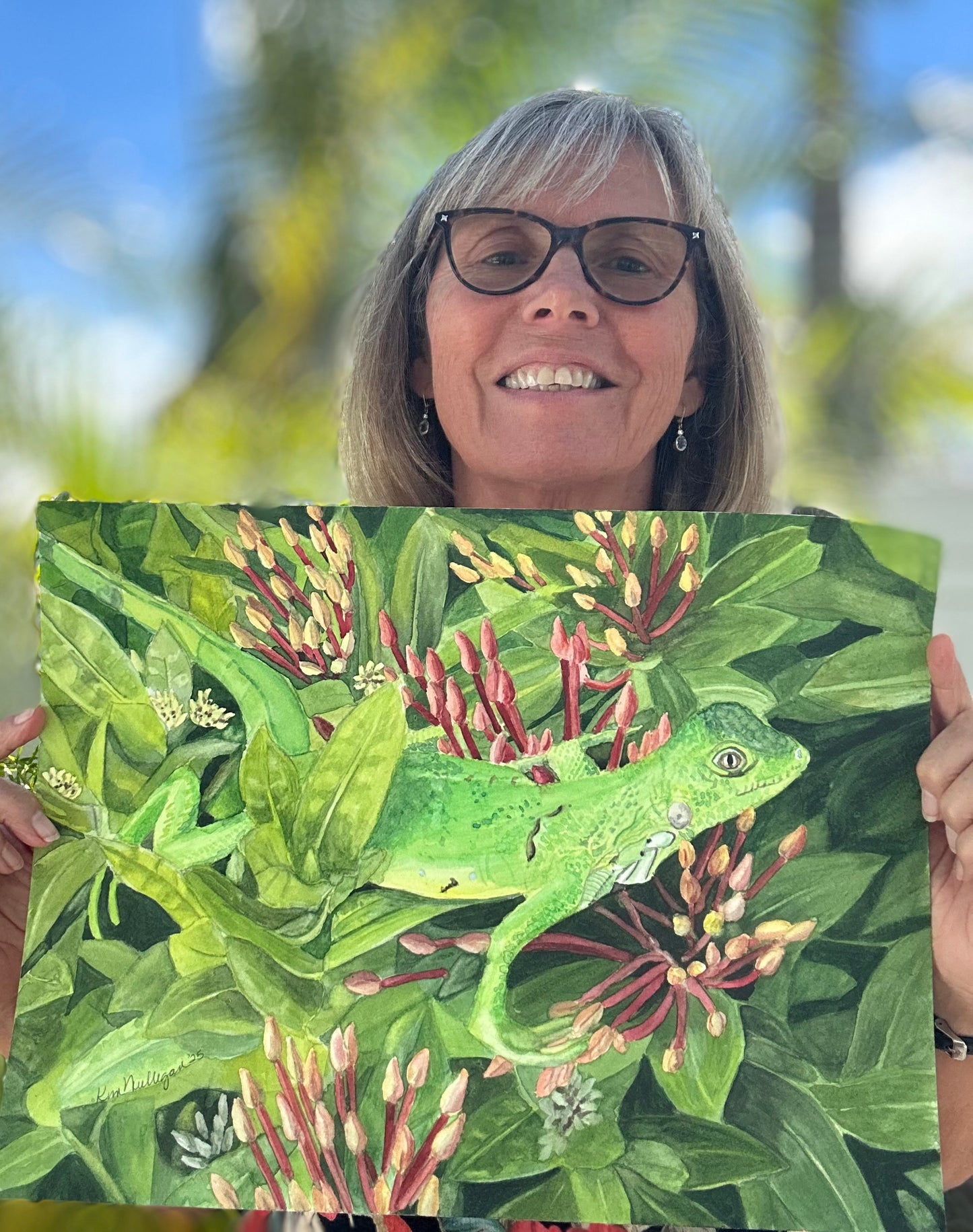 Green Iguana in Ixora Blossoms Original Watercolor Painting