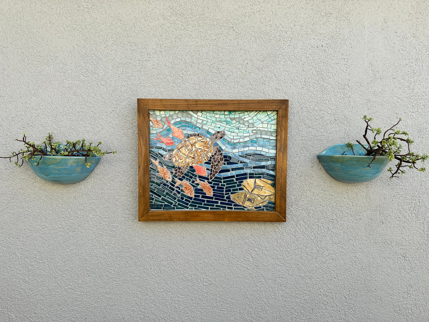 Handcrafted Mosaic Underwater Scene Wall Art with Sea Turtle and Fish -21.5x17.5"