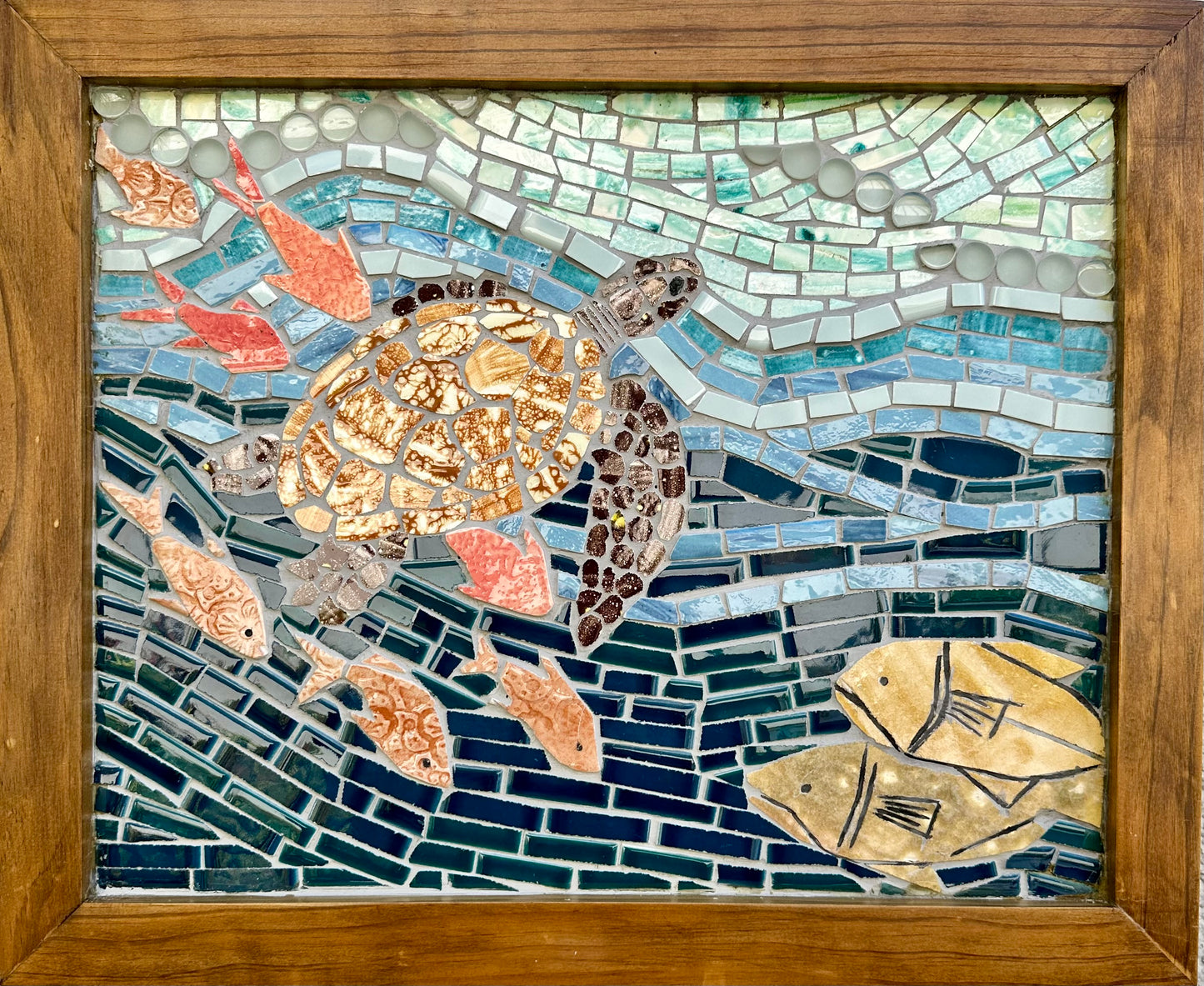 Handcrafted Mosaic Underwater Scene Wall Art with Sea Turtle and Fish -21.5x17.5"
