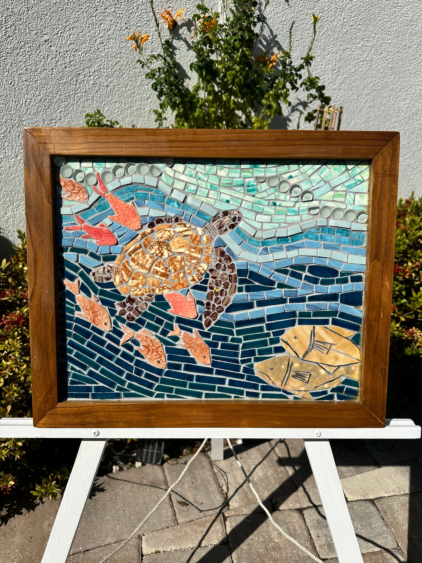 Handcrafted Mosaic Underwater Scene Wall Art with Sea Turtle and Fish -21.5x17.5"