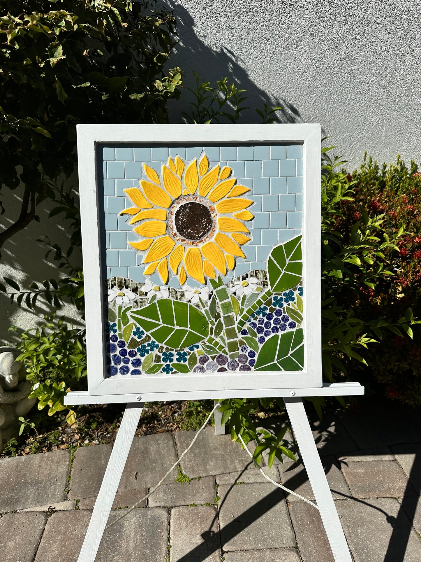 Handcrafted Mosaic Sunflower with Goldfinch Wall Art