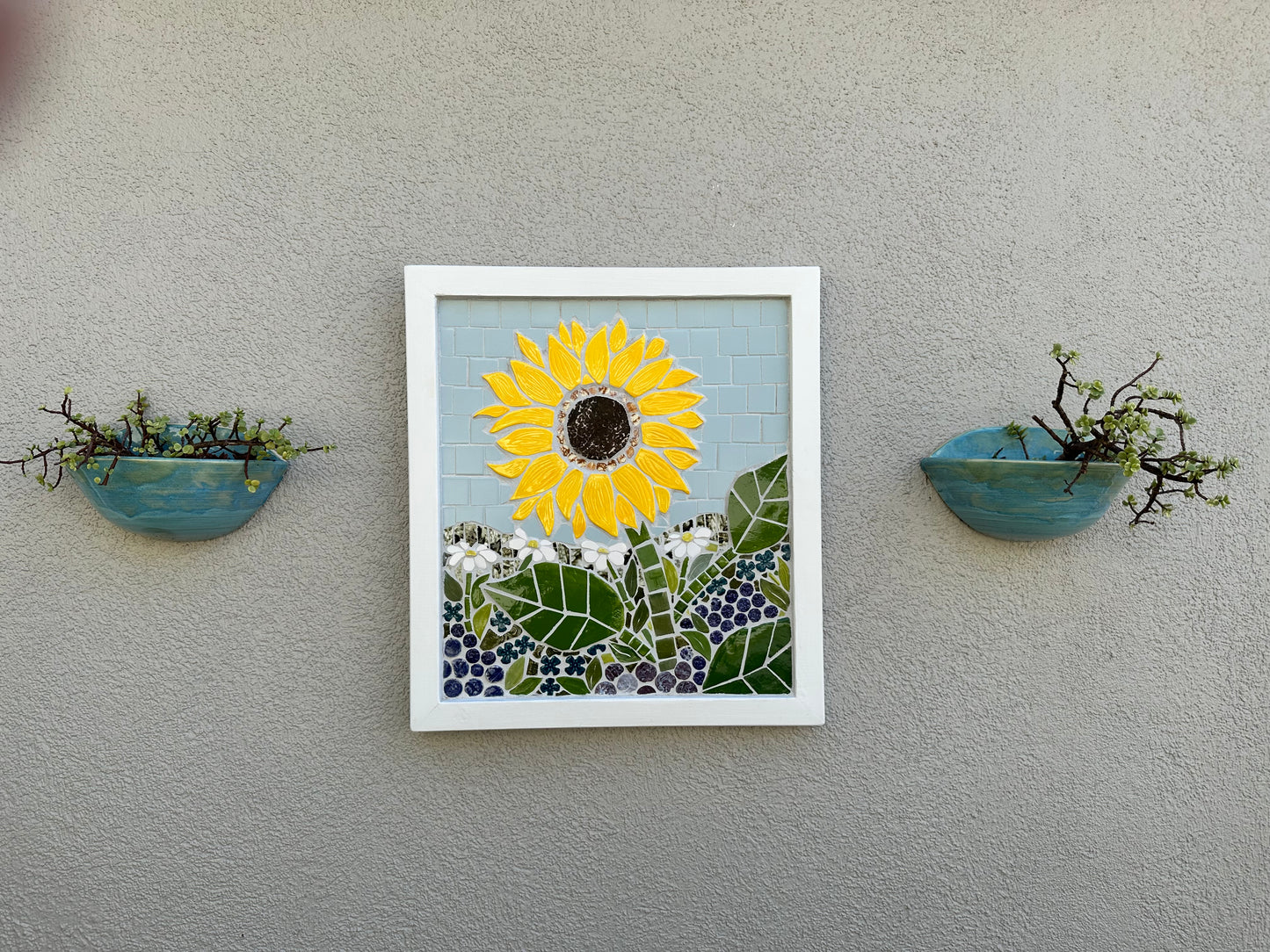 Handcrafted Mosaic Sunflower with Goldfinch Wall Art