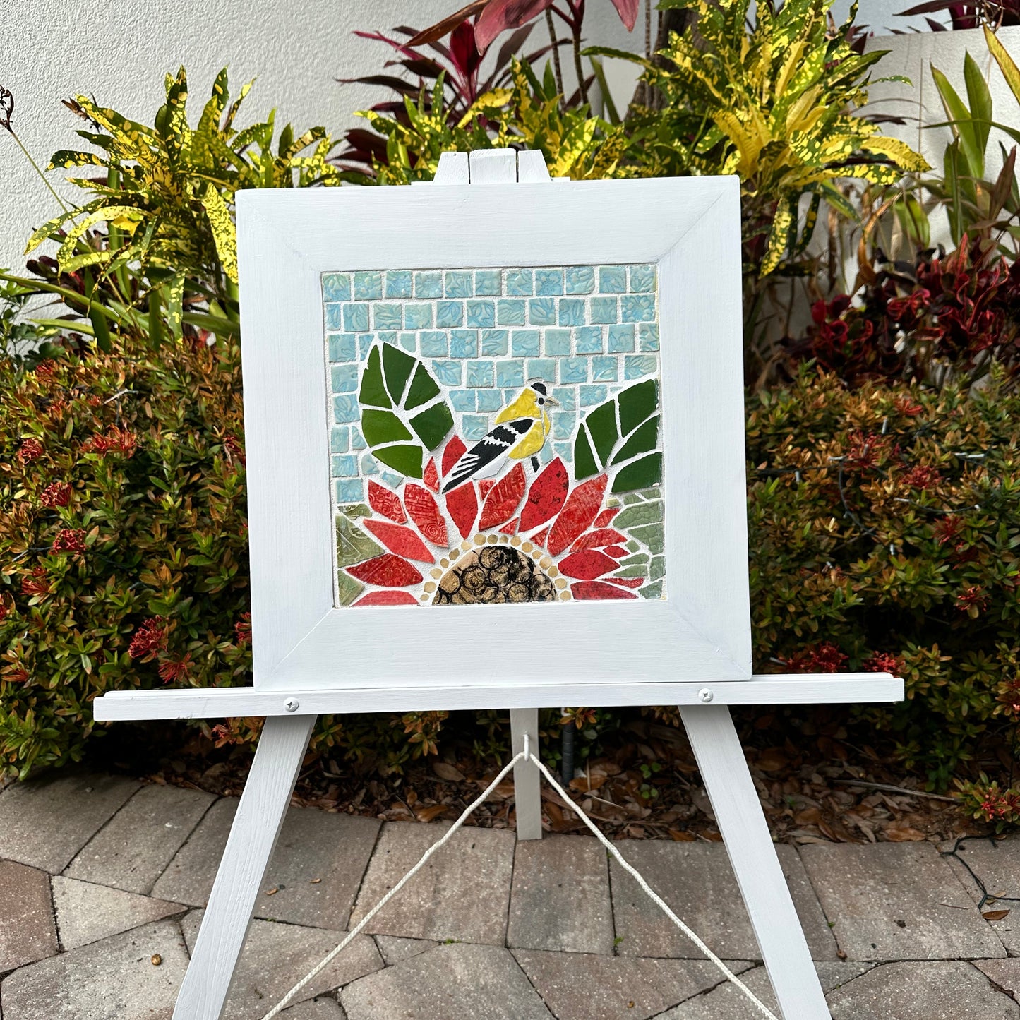 Handcrafted Mosaic Sunflower and Goldfinch Wall Art