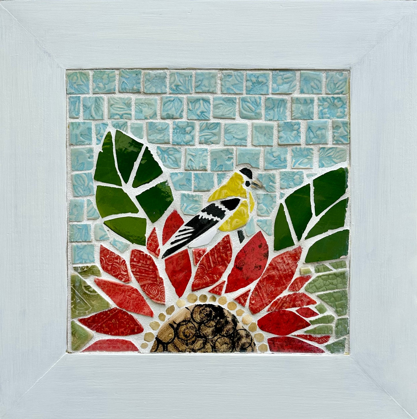 Handcrafted Mosaic Sunflower and Goldfinch Wall Art