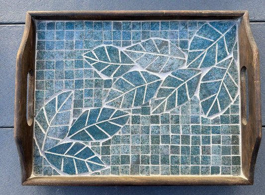 Mosaic Serving Tray with Green Leaf Design