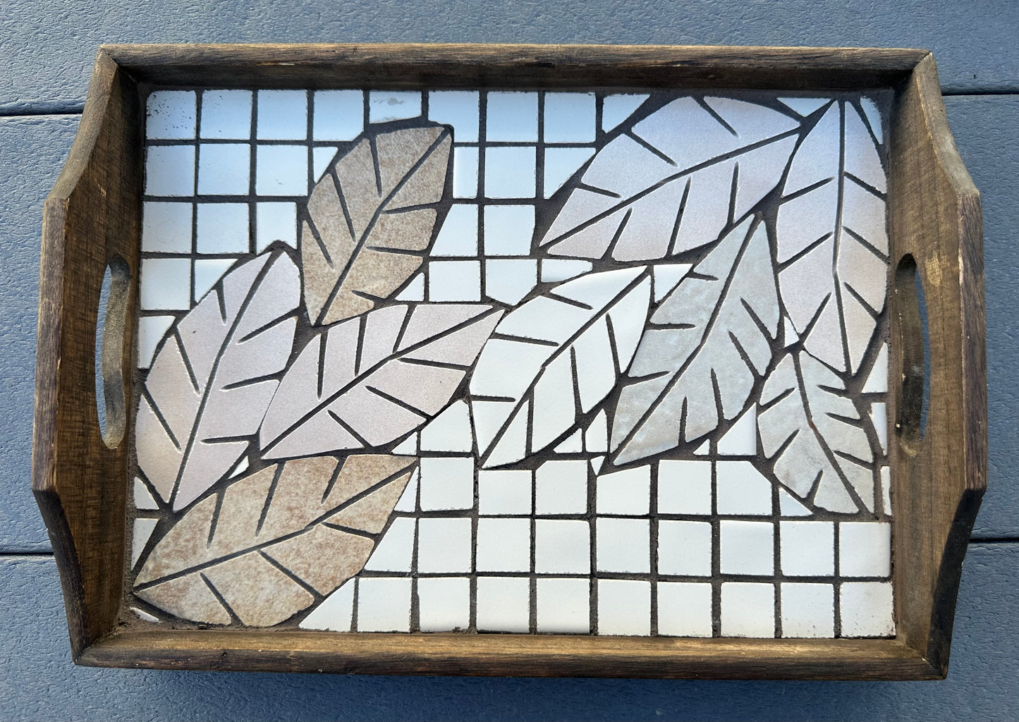 Mosaic Serving Tray with Beige Leaf Design