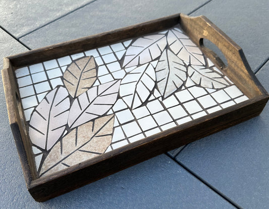 Mosaic Serving Tray with Beige Leaf Design