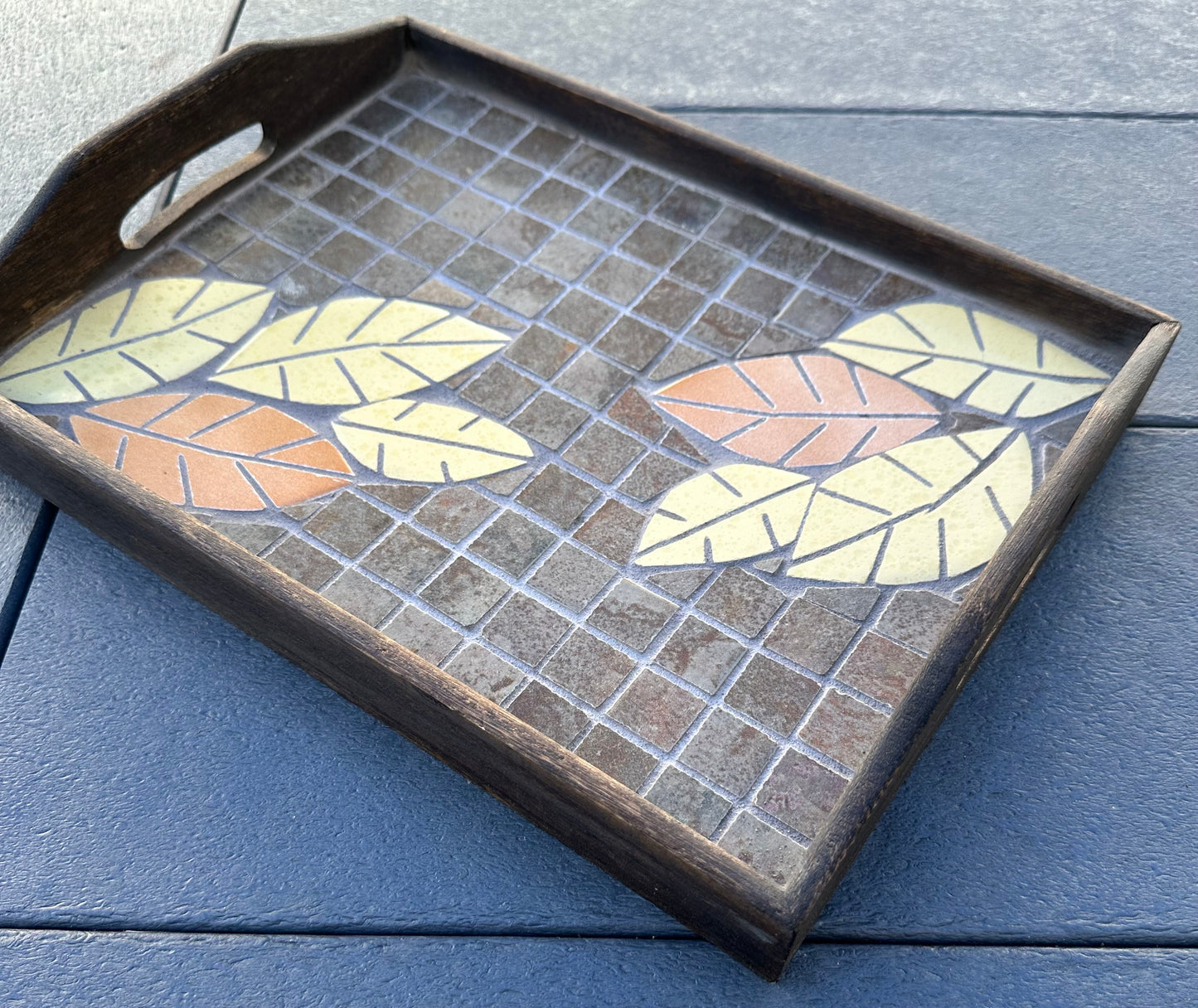 Mosaic Serving Tray with Yellow and Gold Leaf Design