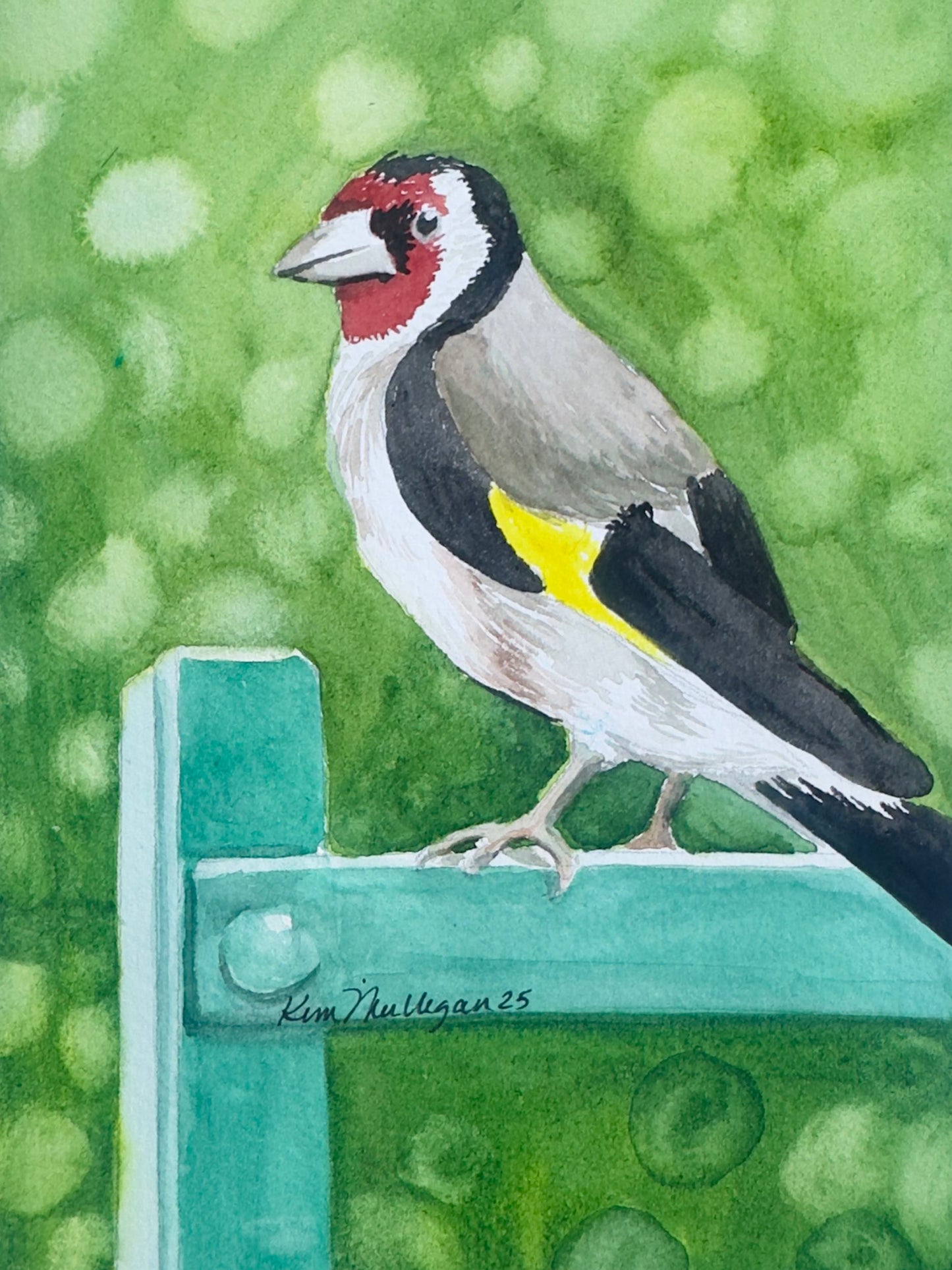 European Goldfinch in Monet's Garden Original Watercolor Painting - 5x7"