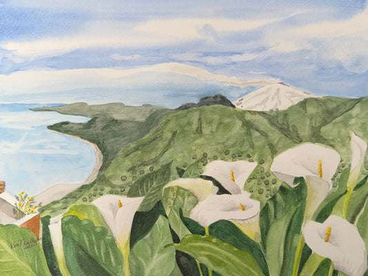 Painting of white Calla lily flowers in Savoca , Sicily. Mount Etna landscape in the background.