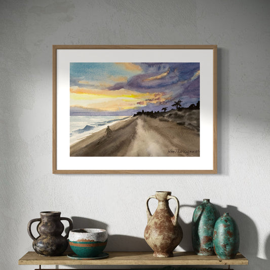Print of "A Walk on the Beach at Sunrise" Watercolor Painting