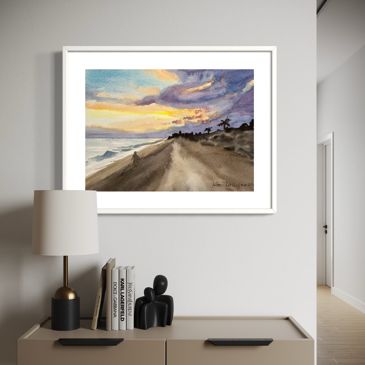 Print of "A Walk on the Beach at Sunrise" Watercolor Painting