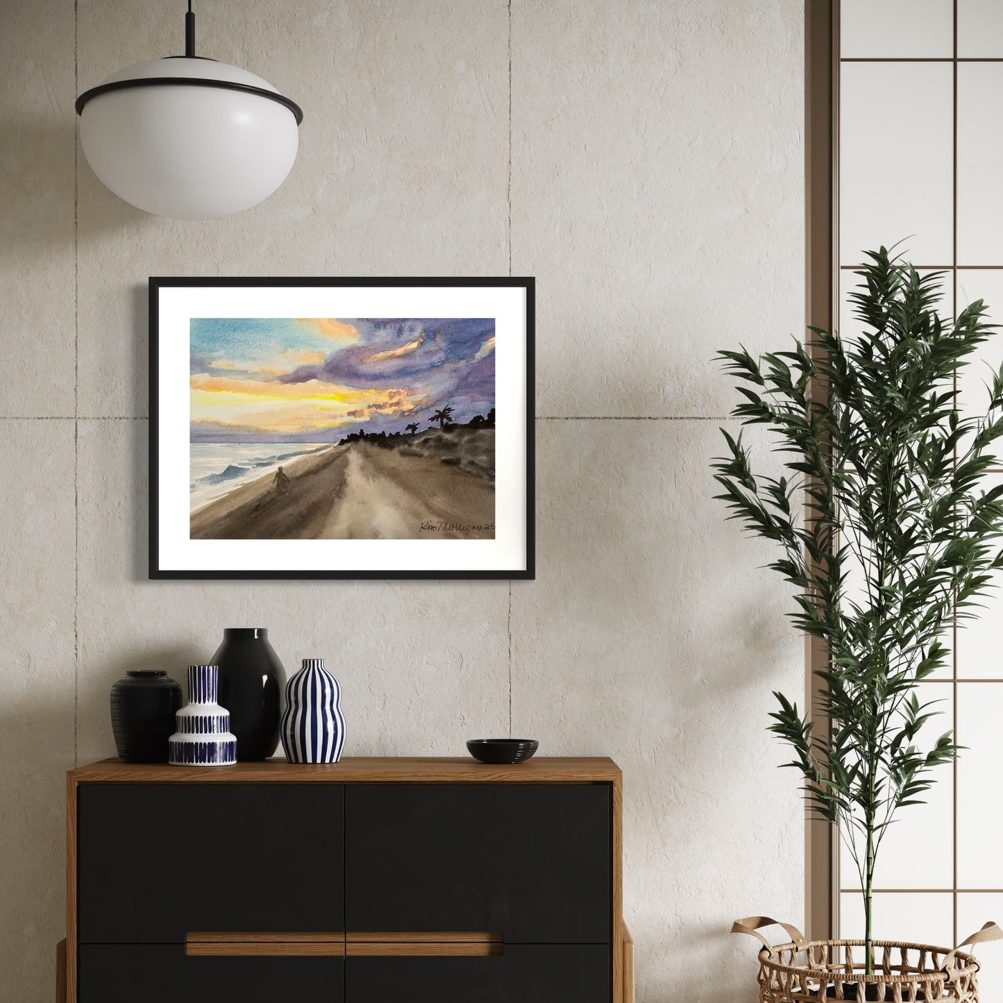 Print of "A Walk on the Beach at Sunrise" Watercolor Painting