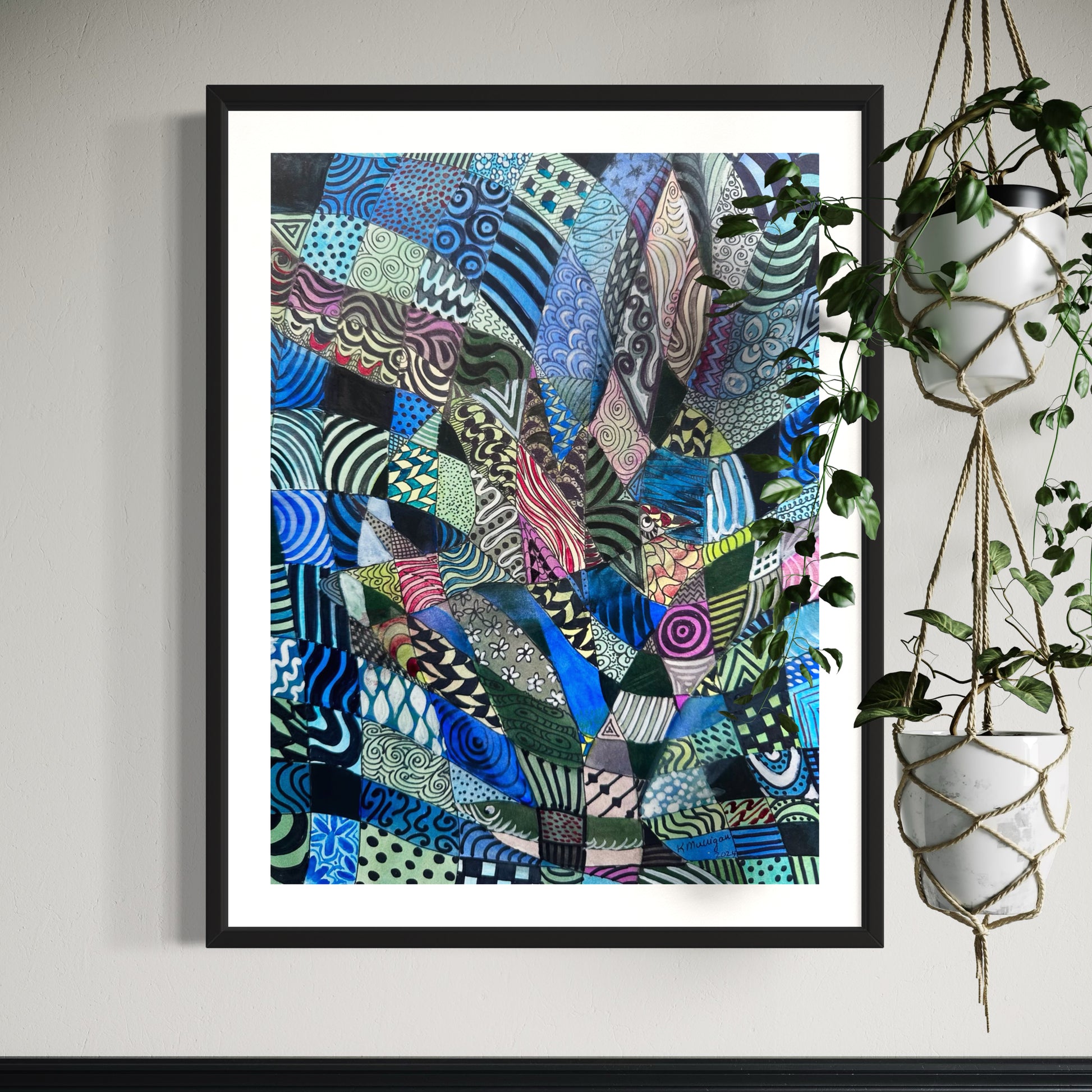 Framed abstract artwork with patterns and hidden shape of flying bird.