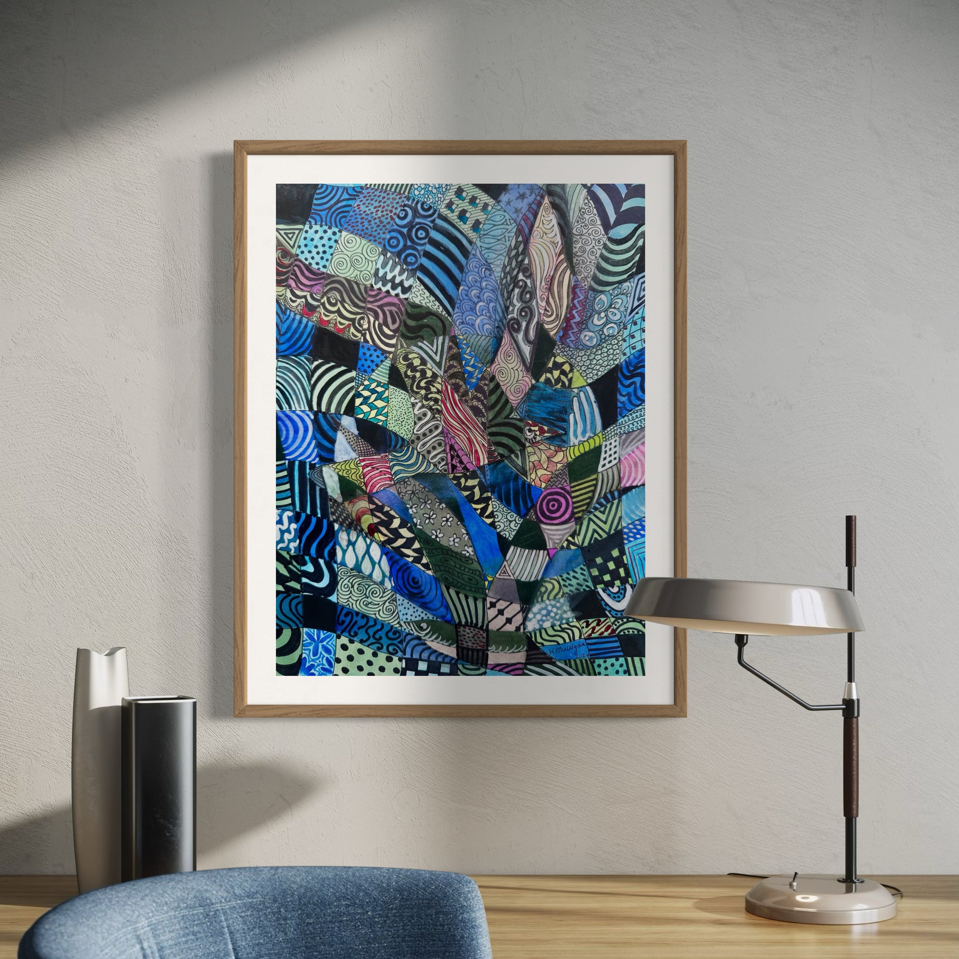 Framed abstract artwork with patterns and hidden shape of flying bird.