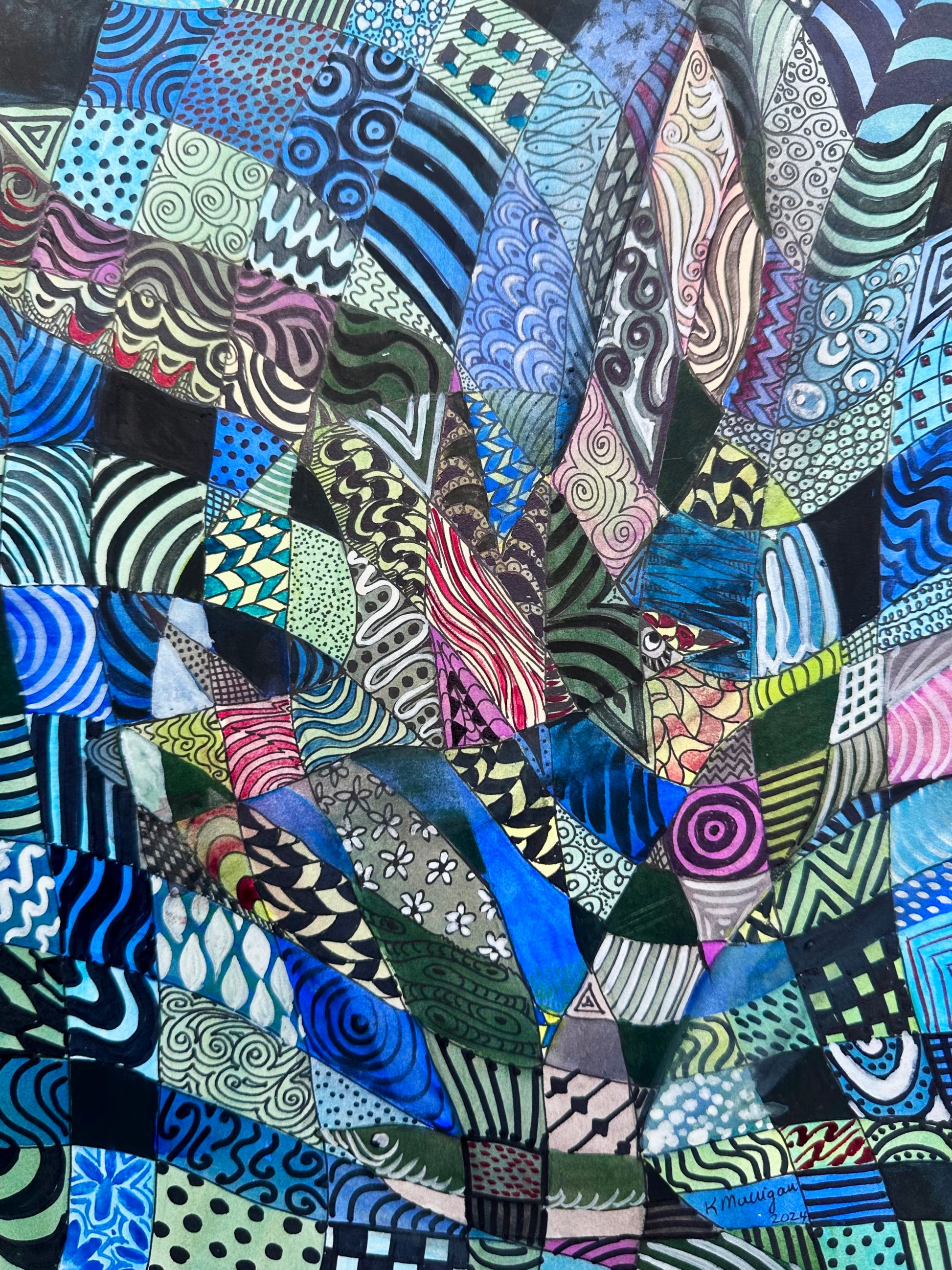 Colorful abstract patterned artwork  with various shapes and colors.