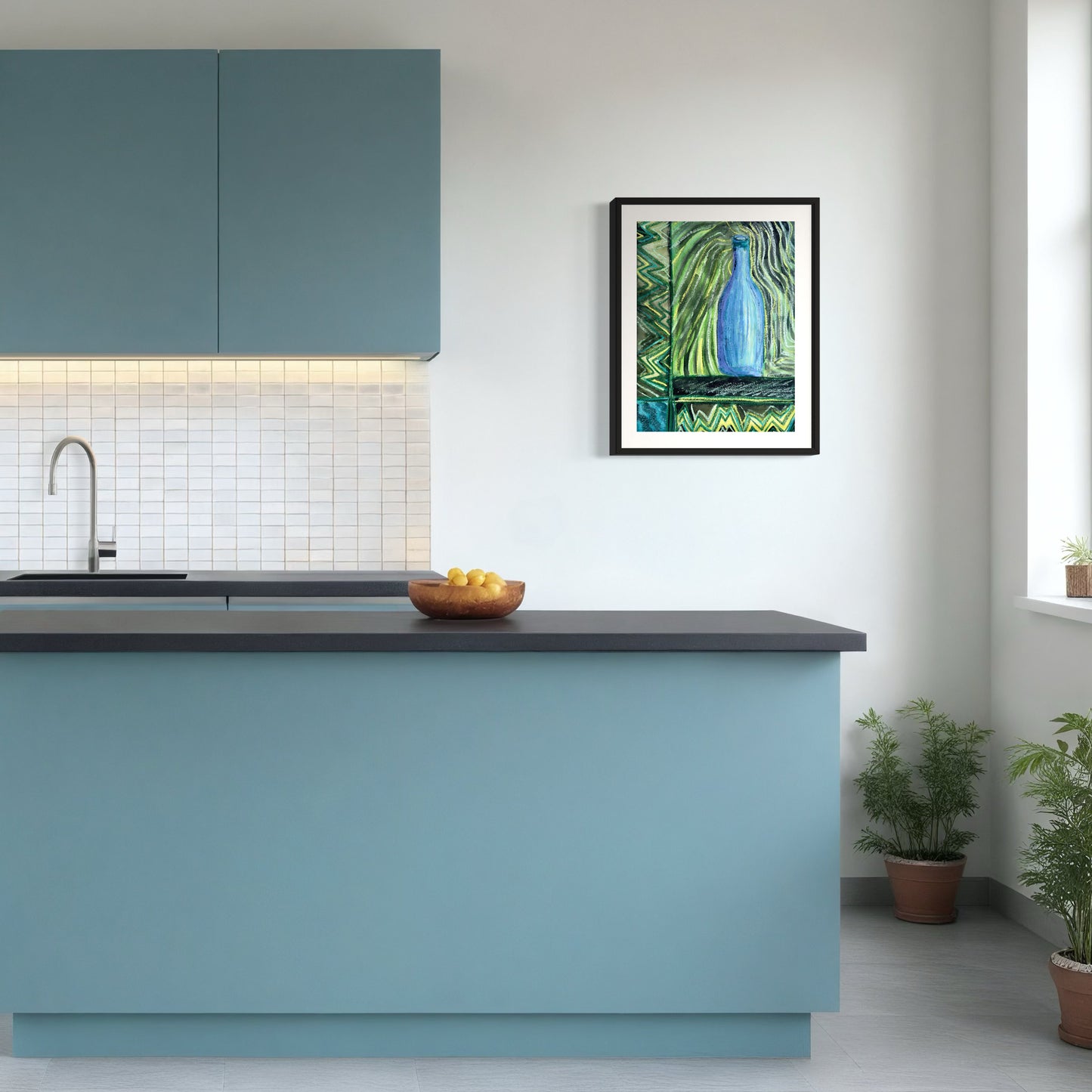 Abstract Blue Bottle with Patterns Original Watercolor