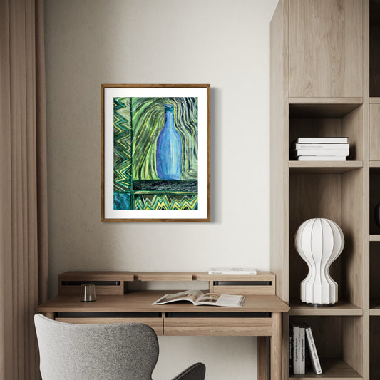 Framed abstract artwork of blue wine bottle with line designs in green and yellow