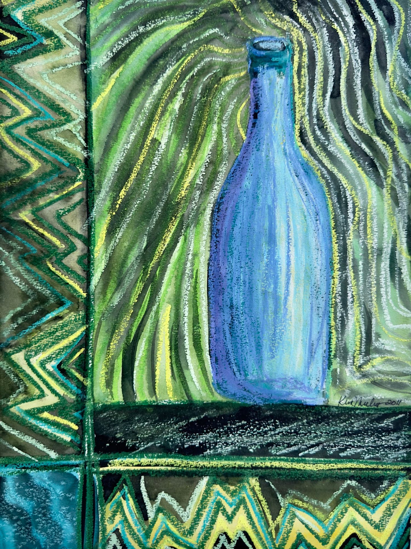 Abstract Blue Bottle with Patterns Original Watercolor