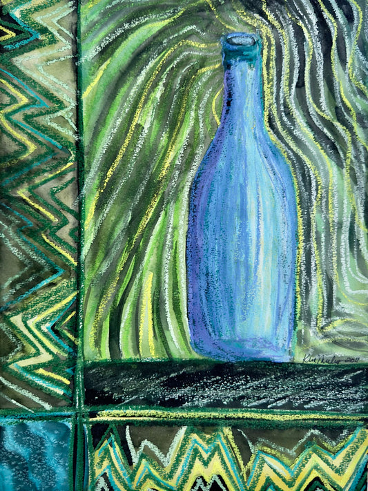 Abstract Blue Bottle with Patterns Original Watercolor
