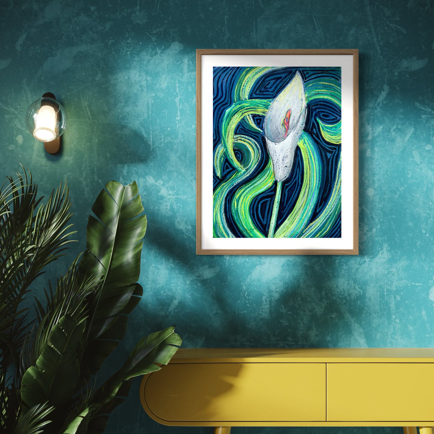 Framed abstract artwork of a calalily flower.