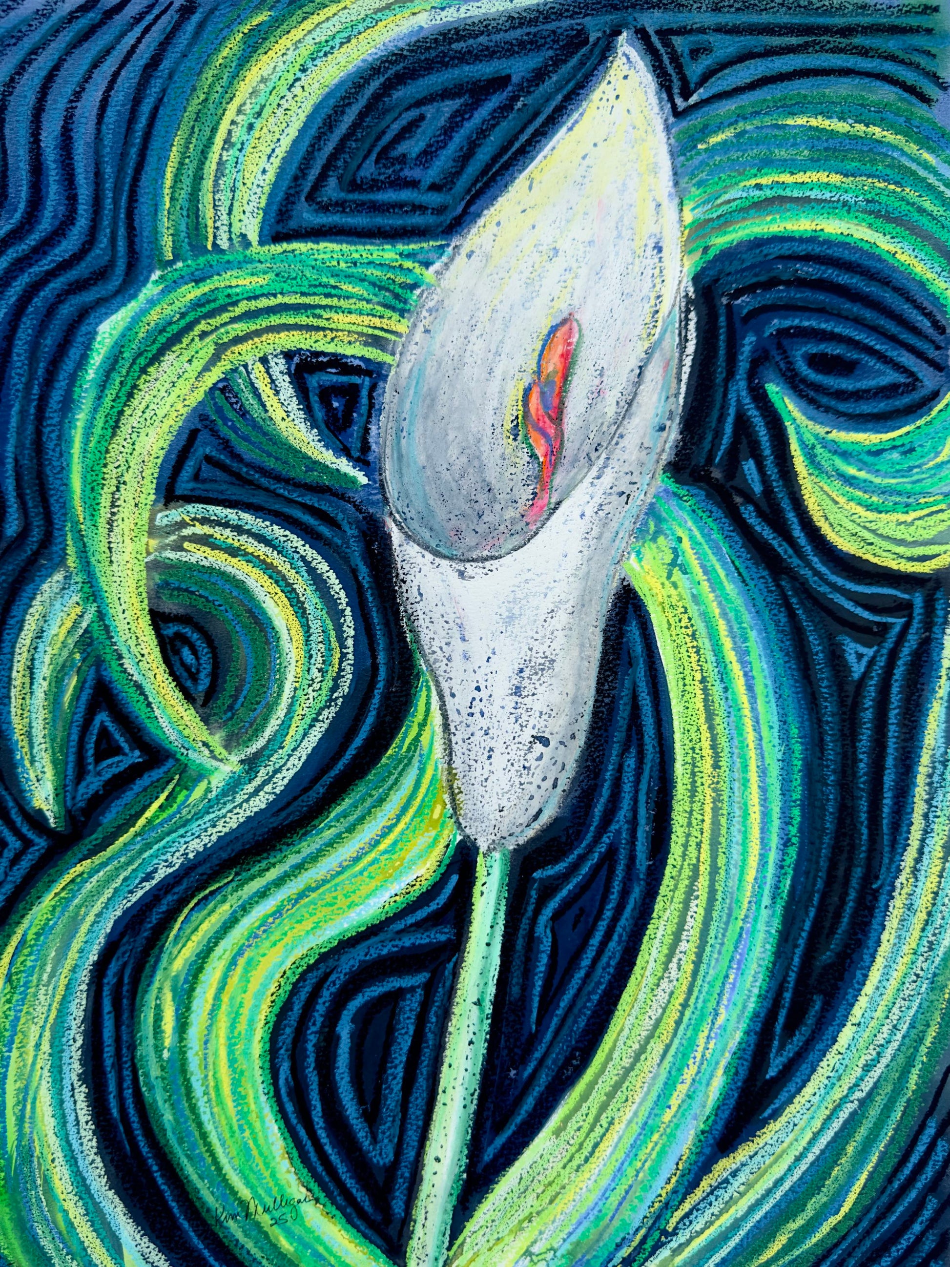 Abstract artwork of a white calalily flower with green leaves and blue line patterns.