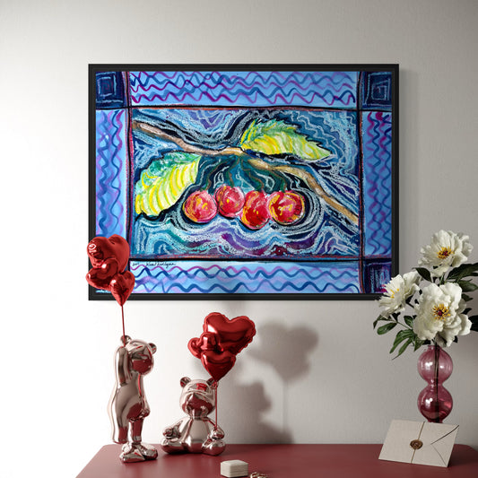 Abstract mixed media painting of red cherries hanging from a branch with green leaves and a boarder of wavy blue and purple lines.