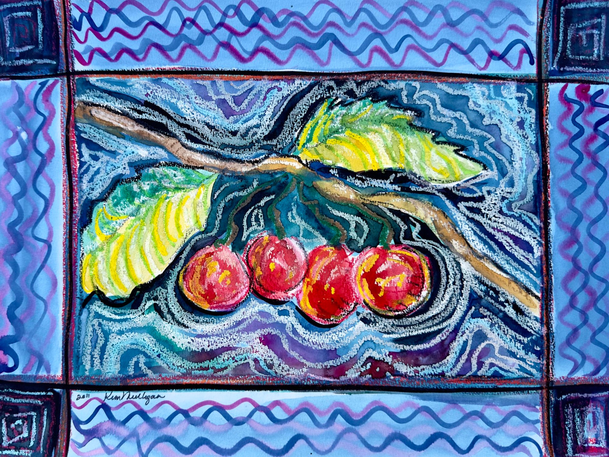 Abstract mixed media painting of red cherries hanging from a branch with green leaves and a boarder of wavy blue and purple lines.