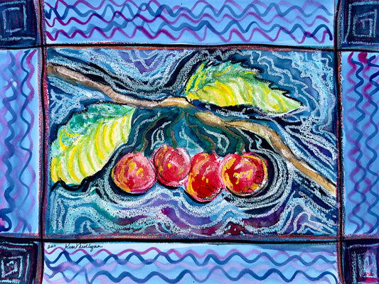 Abstract mixed media painting of red cherries hanging from a branch with green leaves and a boarder of wavy blue and purple lines.