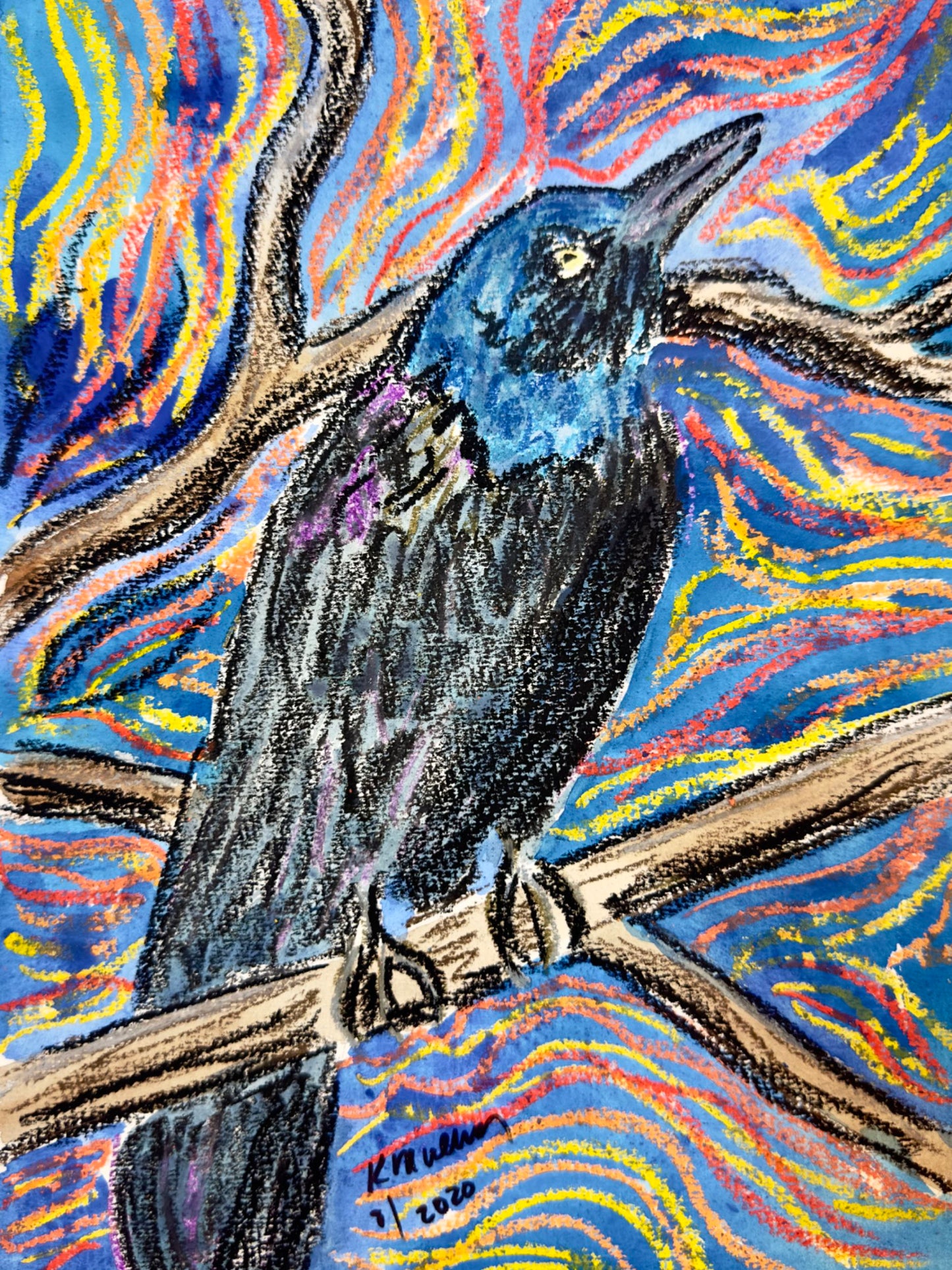 Mixed media abstract artwork of a colorful crow bird on a branch 