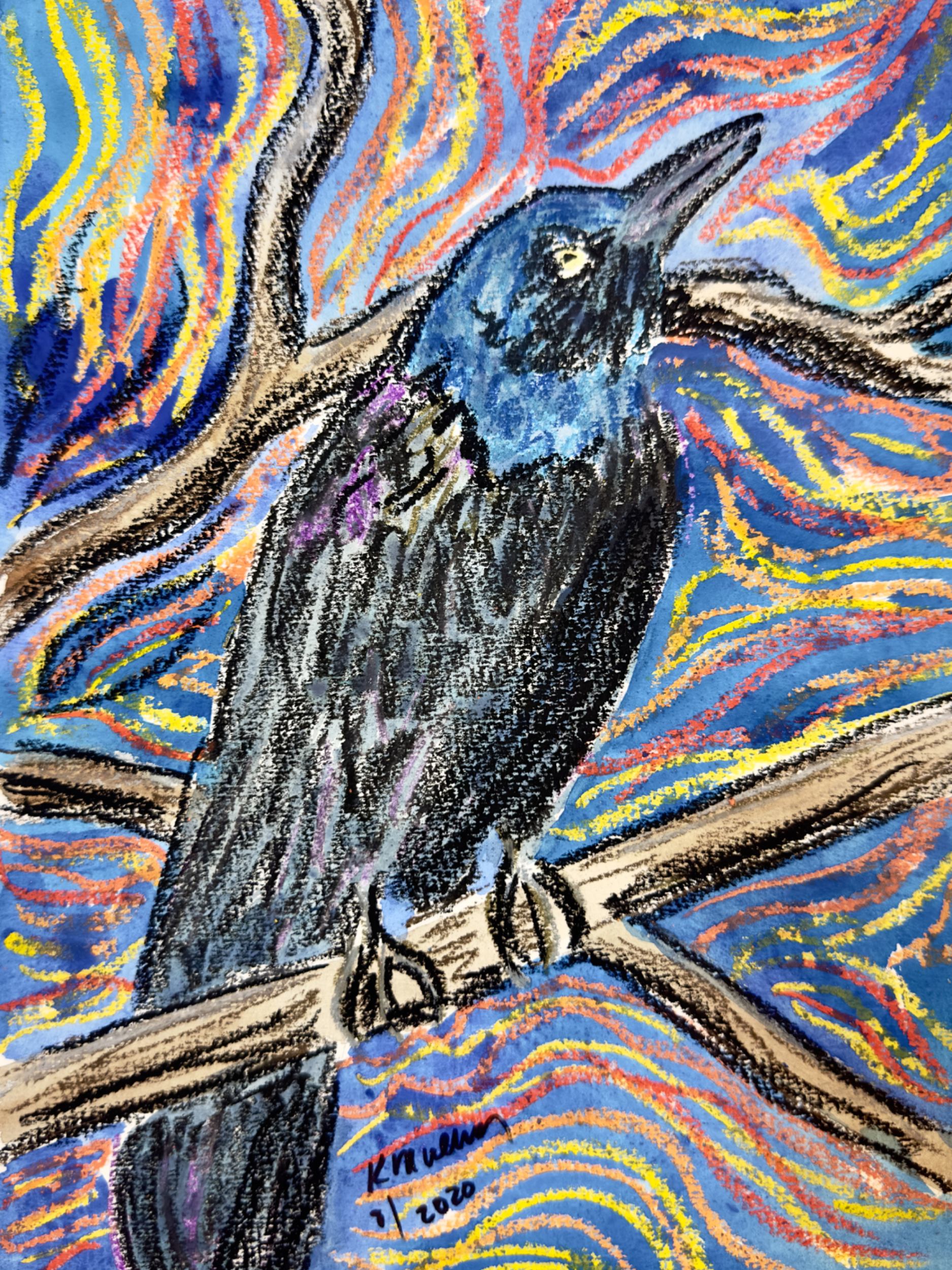 Mixed media abstract artwork of a colorful crow bird on a branch 