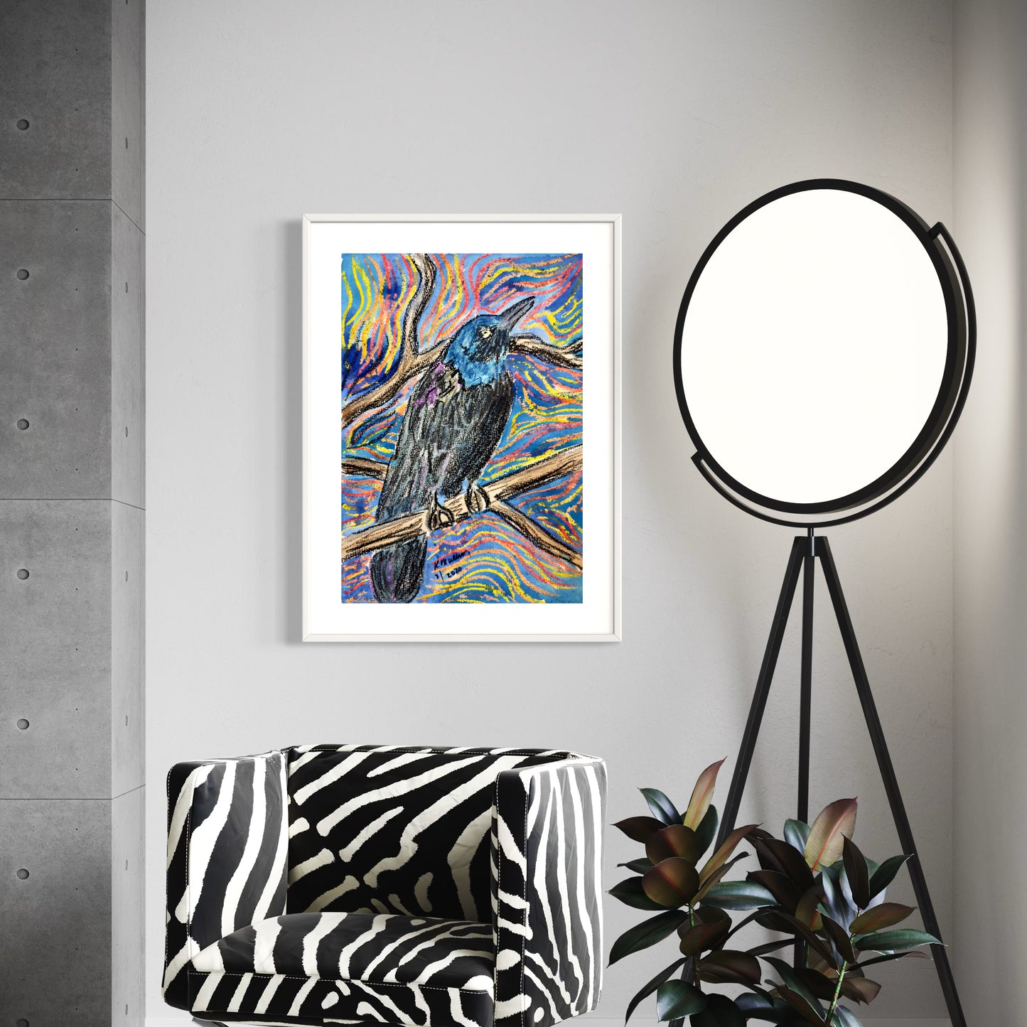 Framed mixed media artwork of a colorful crow bird on a branch 