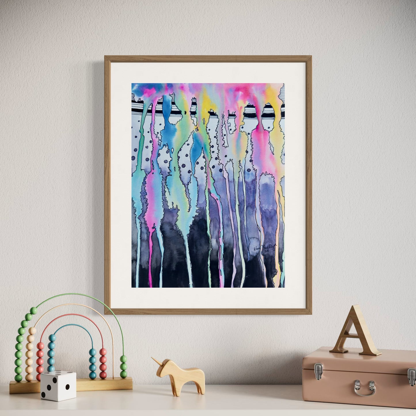 Framed abstract watercolor art with lines, dots and flowing colors.