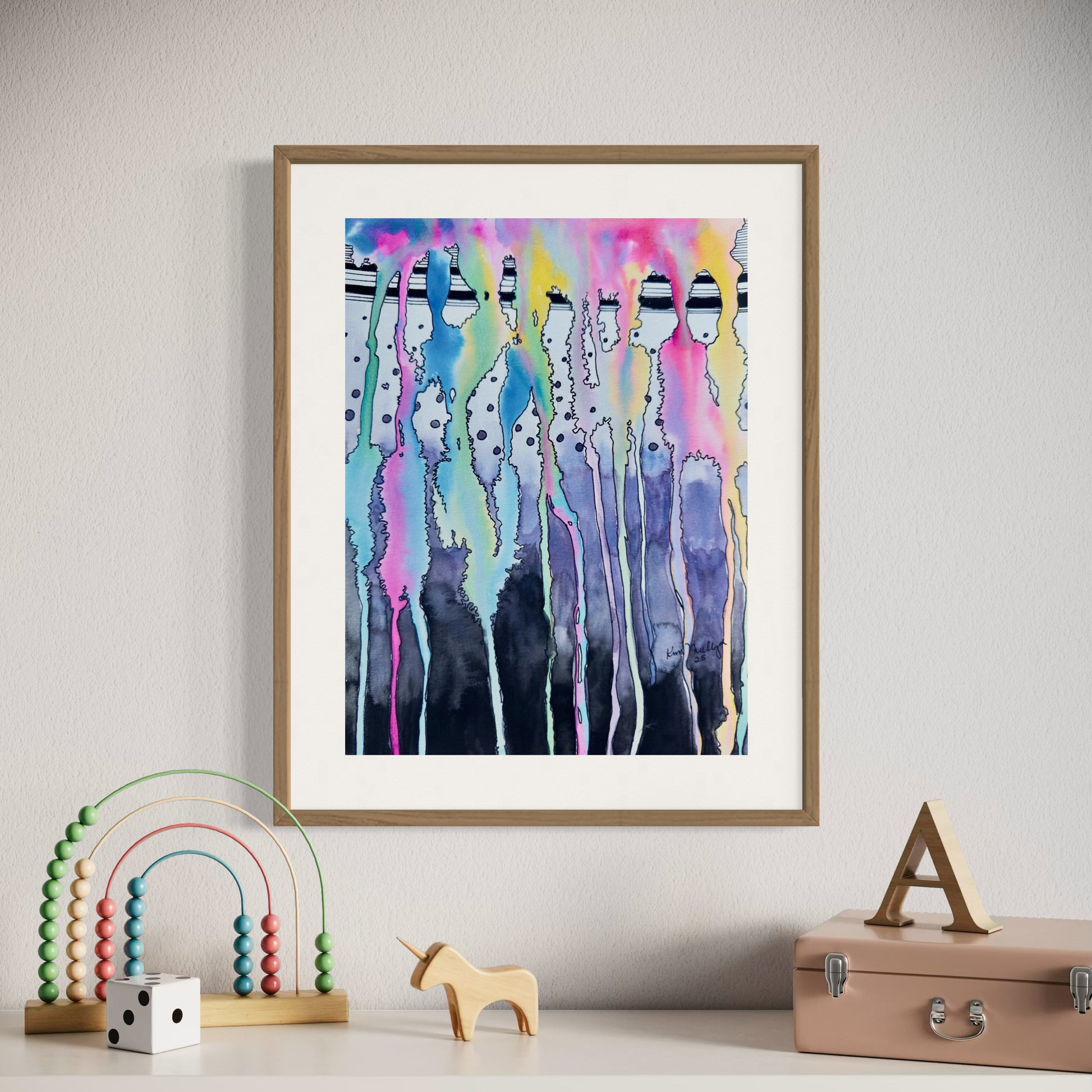 Framed abstract watercolor art with lines, dots and flowing colors.