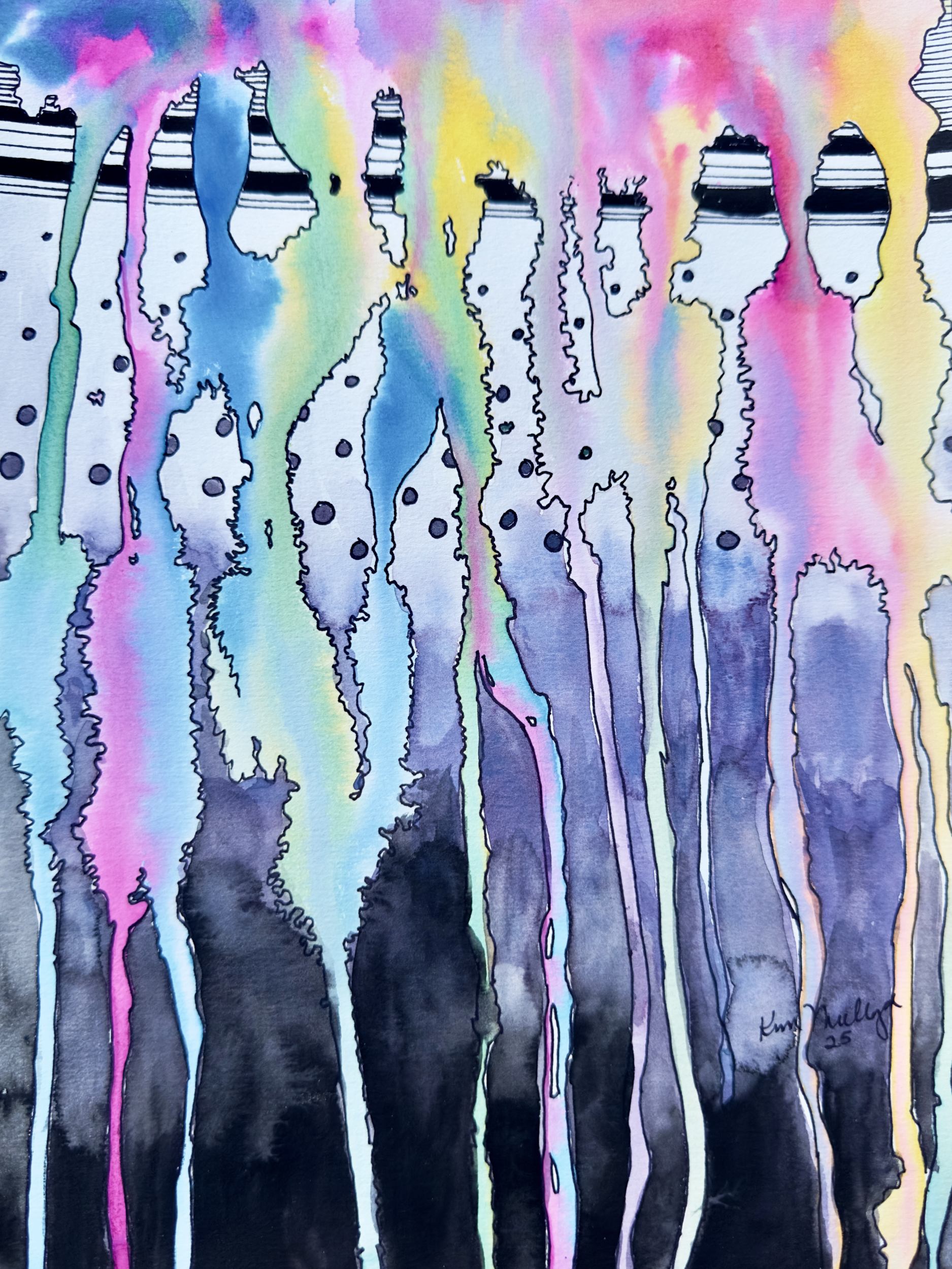 Colorful abstract art with vertical lines, dots and watercolor flowing textures
