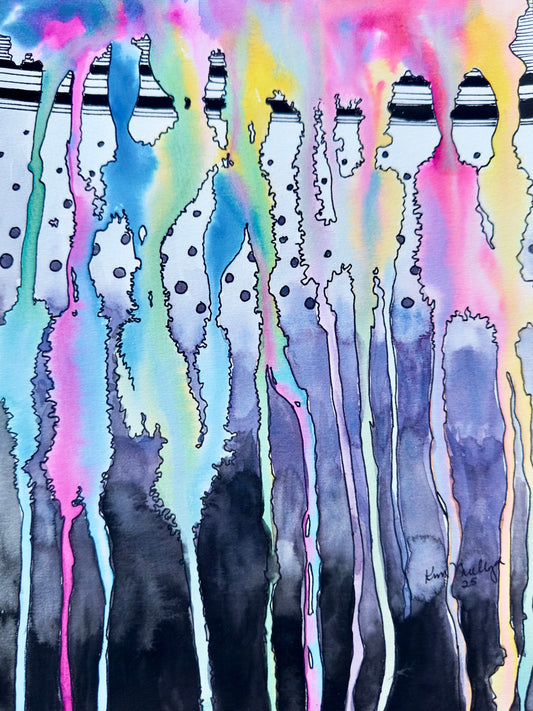 Colorful abstract art with vertical lines, dots and watercolor flowing textures