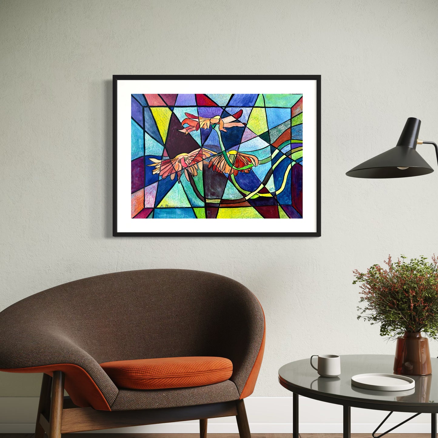 Print of Abstract Stained Glass Flower Mixed Media Painting