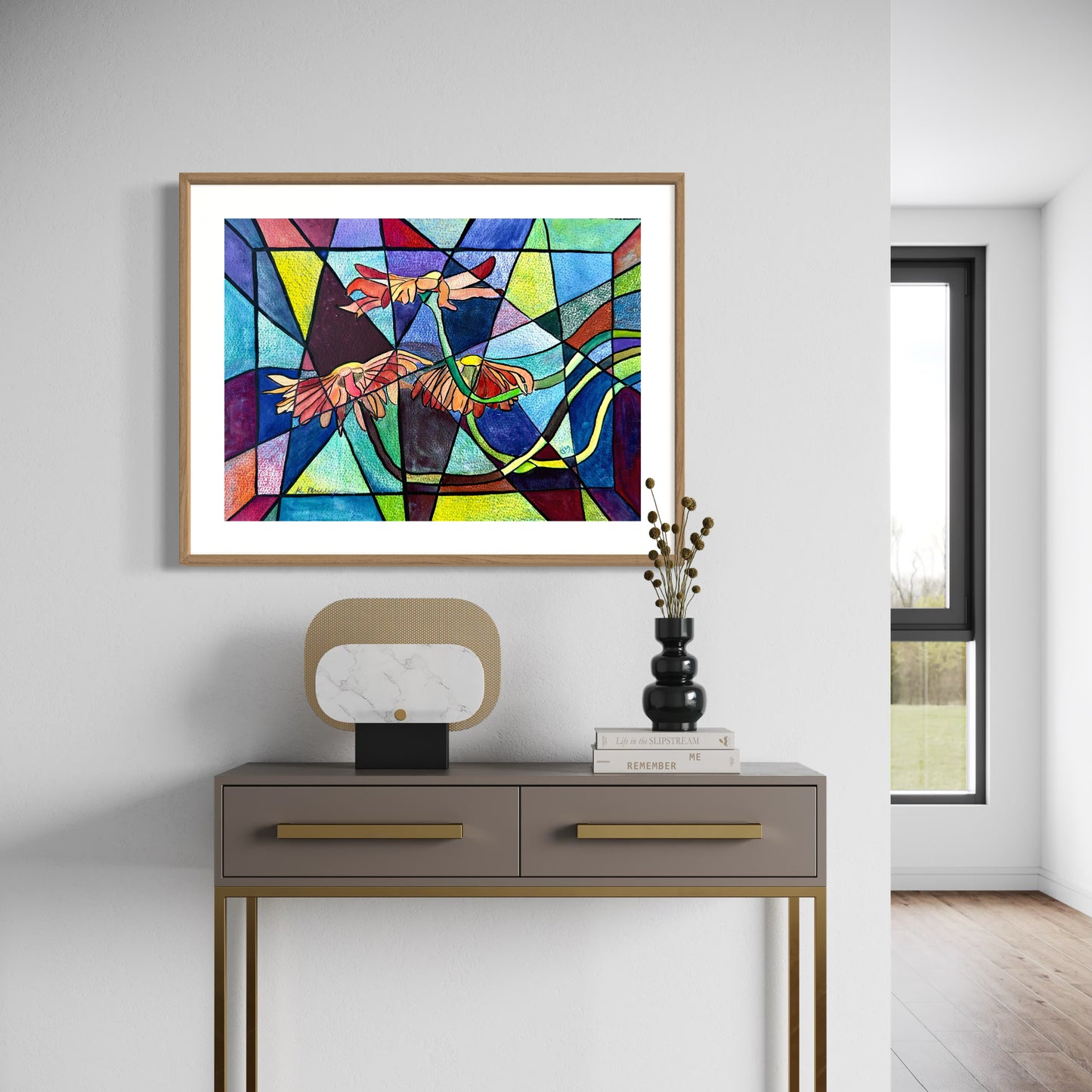 Colorful abstract art piece depicting daisy flowers and geometric lines and shapes