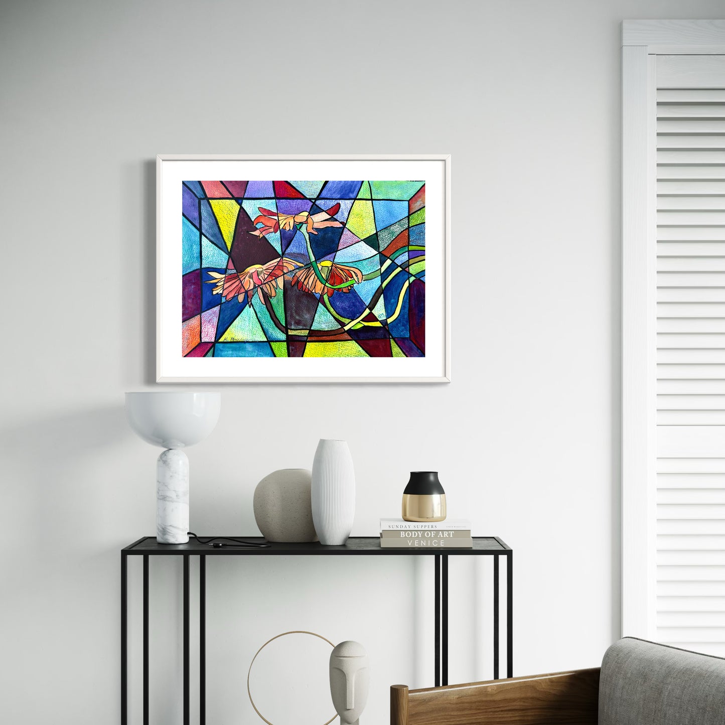 Print of Abstract Stained Glass Flower Mixed Media Painting
