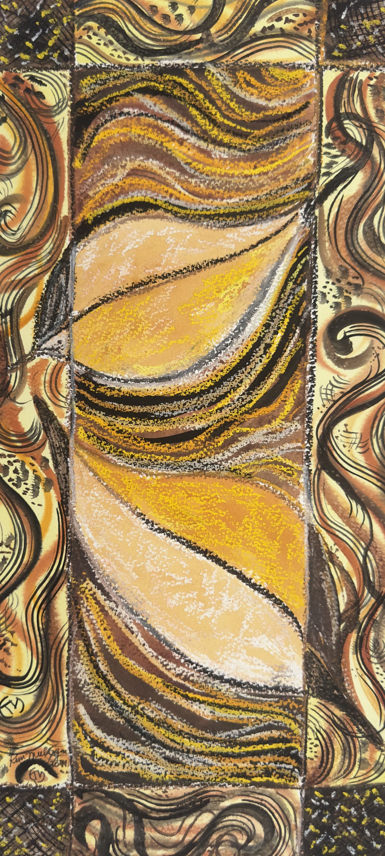 abstract mixed media painting depicting fall leaves and an organic patterned boarder in gold orange brown and black.