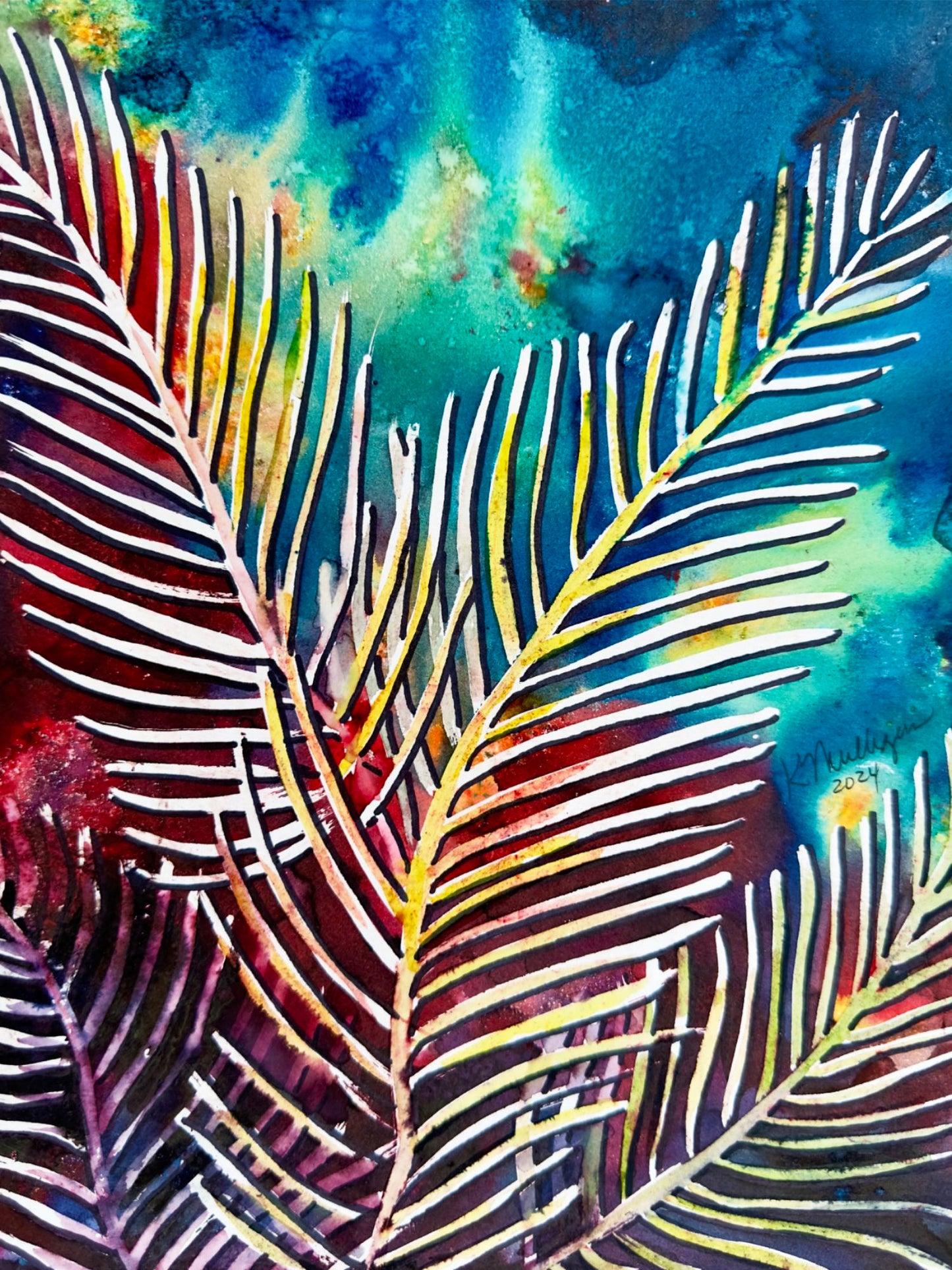 Abstract Palm Fronds with Multicolor Background Original Painting