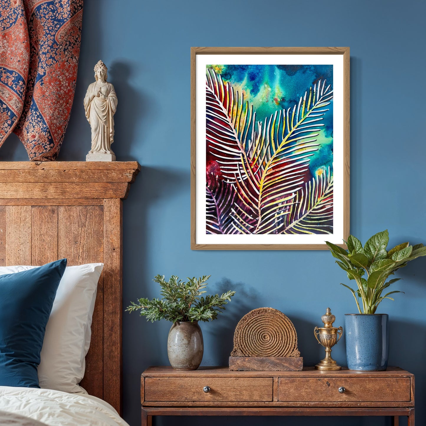 Abstract Palm Fronds with Multicolor Background Original Painting
