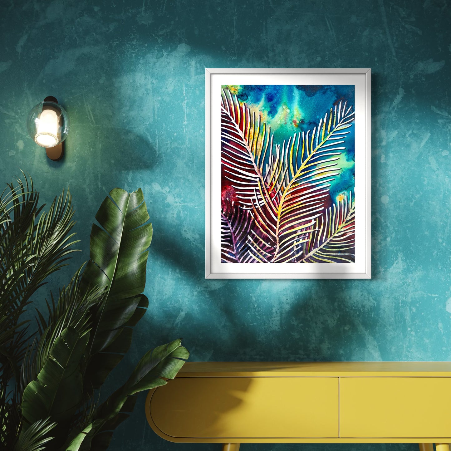 Abstract Palm Fronds with Multicolor Background Original Painting