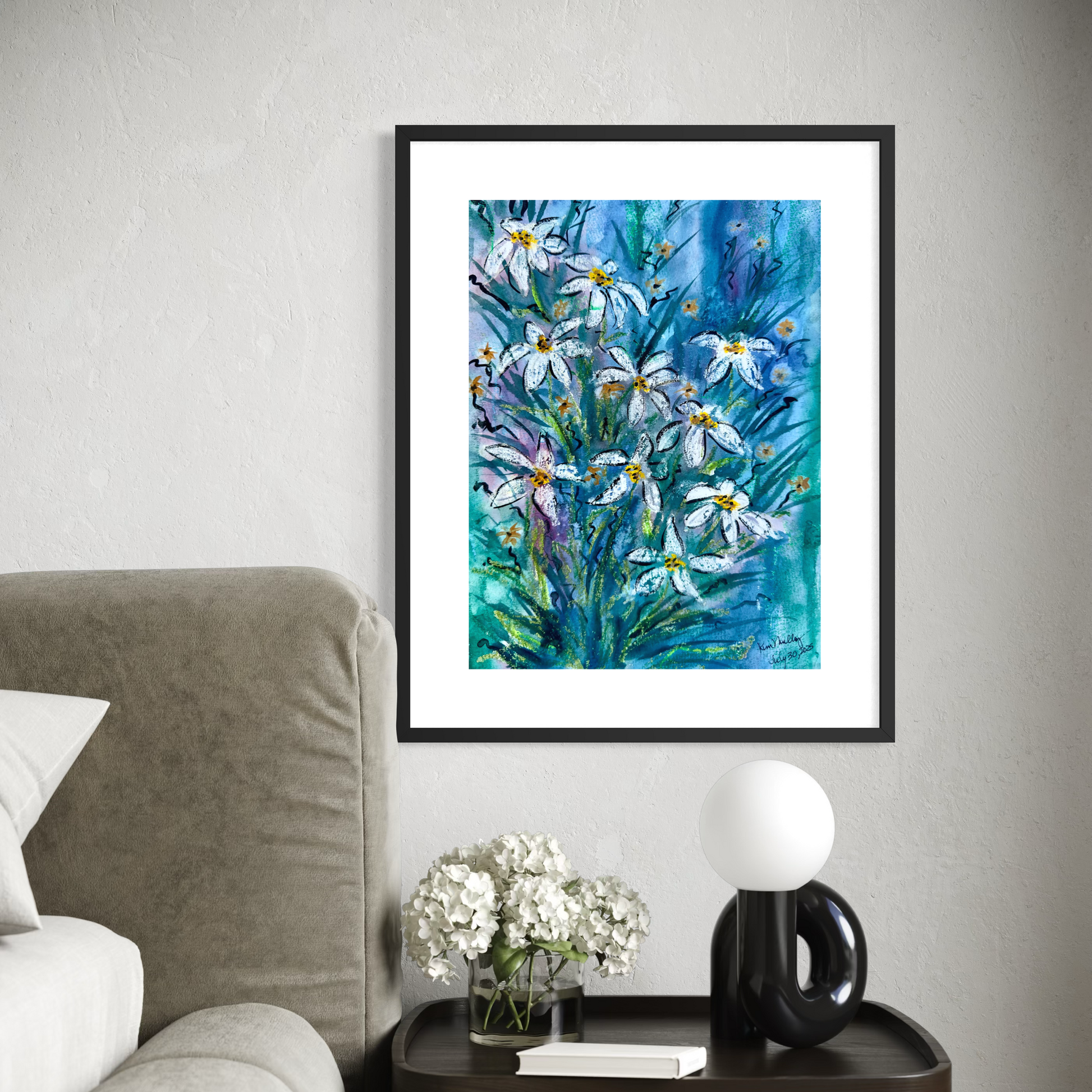Framed  Abstract white flower painting with blue green background