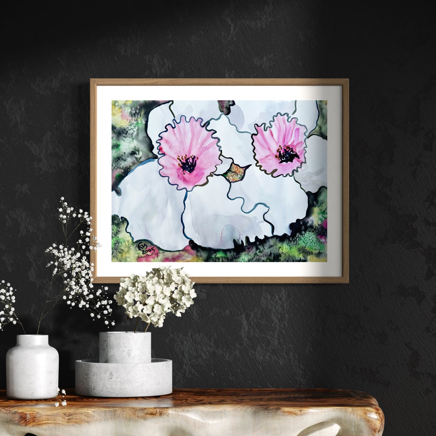 Abstract Pink and White Flowers Original Watercolor Painting