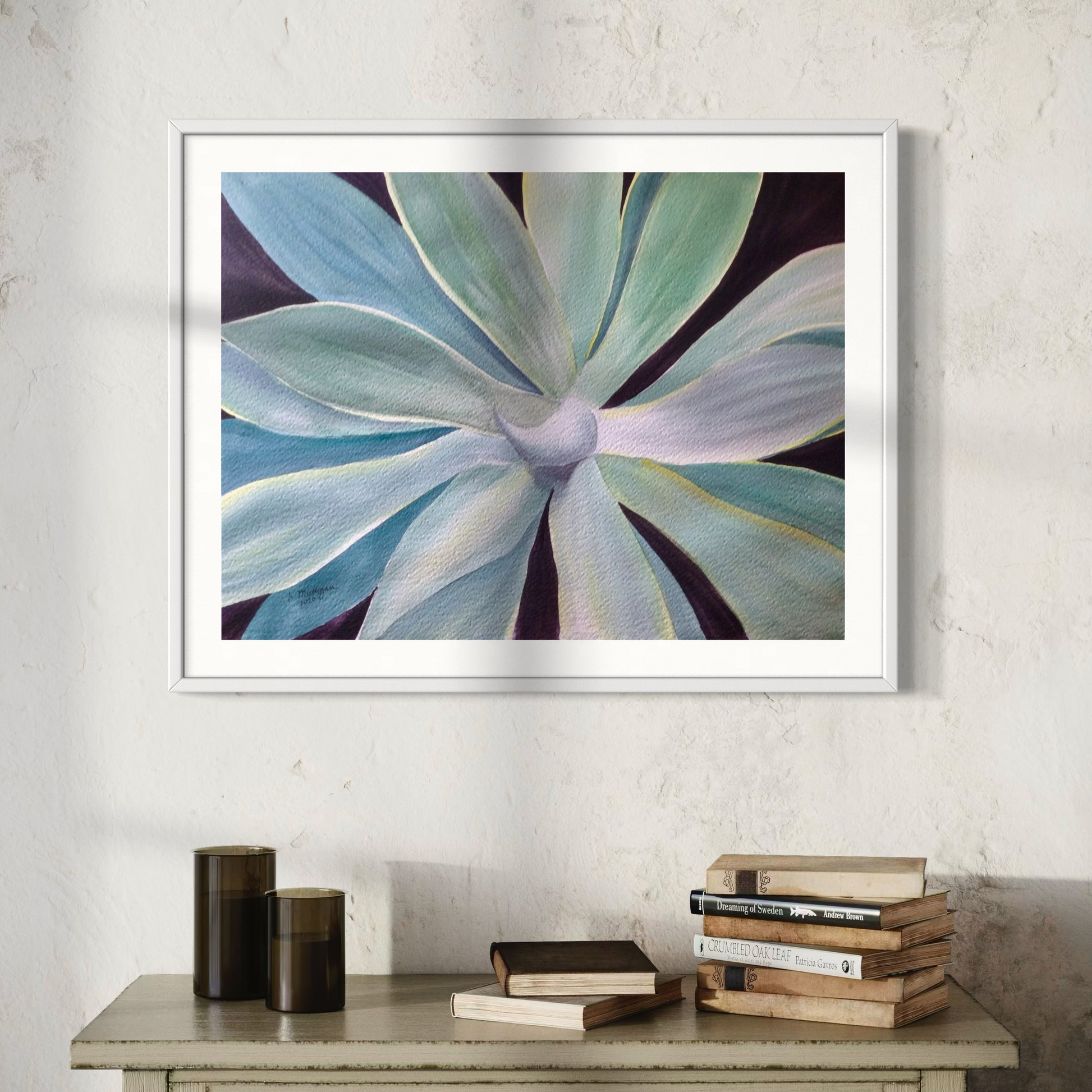 Watercolor painting of a large green agave succulent plant.