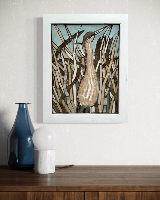 Wildlife Bird Mosaic – American Bittern, Neutral Nature Wall Art, Handmade Tile Design